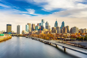 Panoramic picture of Philadelphia skyline and Schuylkill river, PA, USA.